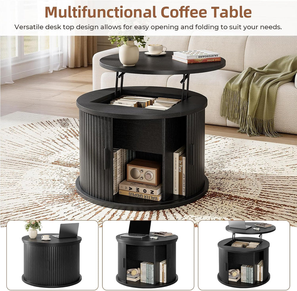 Round Lift Top Coffee Table, 23.6" Fluted Drum Coffee Table with Large H...