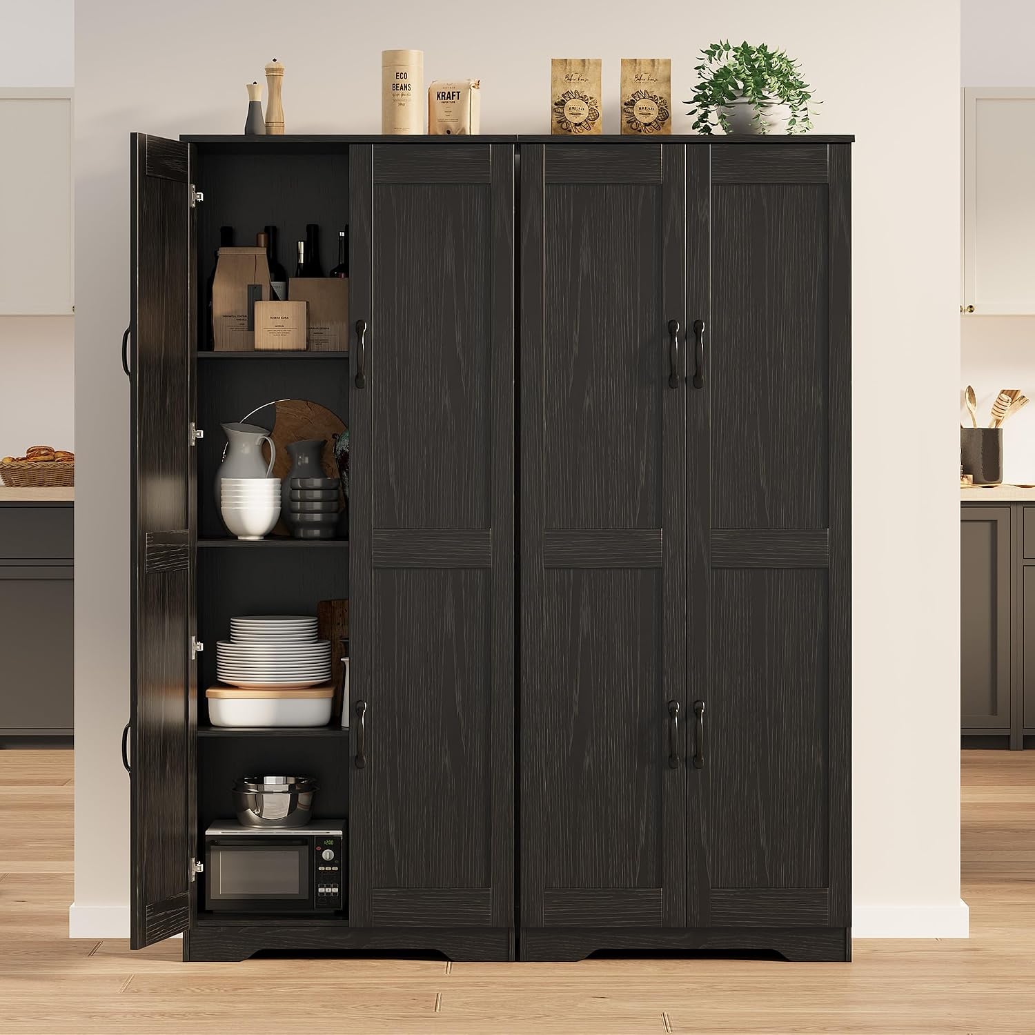 GarveeHome Tall Kitchen Pantry Cabinet, 60 in Storage Cabinet with 2 Doors and Adjustable Shelves, Freestanding Large Utility Storage Cupboard for Dining Room, Bathroom, Living Room, Black