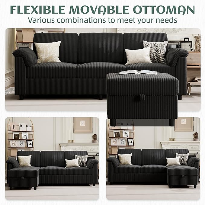 Vongrasig Convertible Sectional Couches, 3 Seat L Shaped Couch Sofa with Remo...
