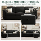 Vongrasig Convertible Sectional Couches, 3 Seat L Shaped Couch Sofa with Removable Pillows Soft Corduroy Fabric Small Couch Mid Century for Living Room, Apartment and Office Black