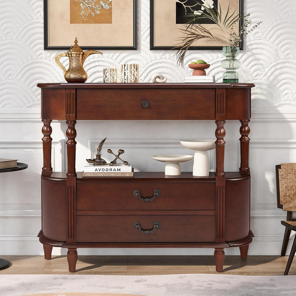 Solid Wood Retro Curved Console Table, 43" Half Moon Console Table Sofa ...