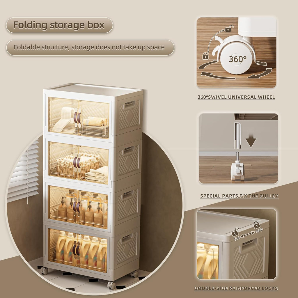 144 QT / 36 Gal Stackable Storage Bins (1 Lid) w/Wheels & Magnetic Doors, Collapsible Plastic Organizer Cabinet for Closet Office Garage - White Storage Containers