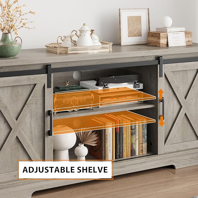 IDEALHOUSE Farmhouse Tv Stand for 65 inch TVs, Entertainment Center with Sliding Barn Doors and Adjustable Shelf, Modern Storage Media TV Console TV Stand Table for Living Room, Bedroom, Grey