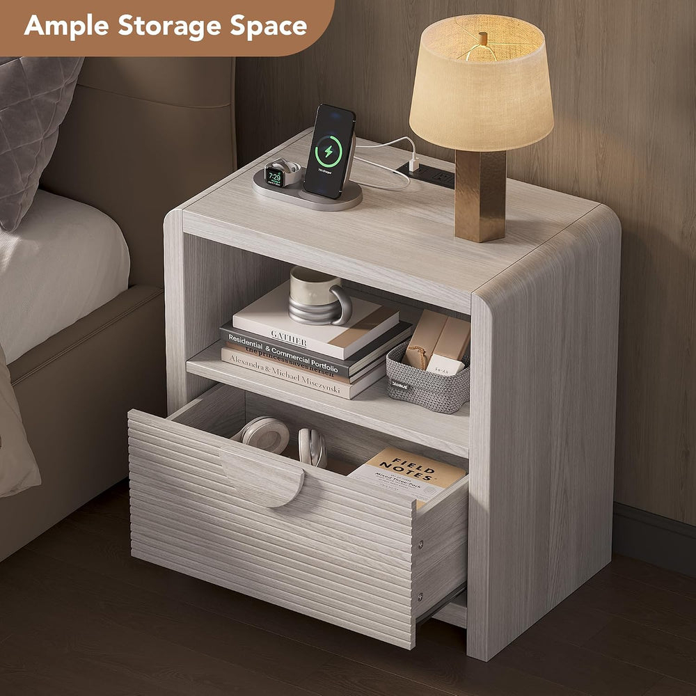 Fluted Nightstands Set of 2 with Charging Station, 23" Wide Wood Bedside...