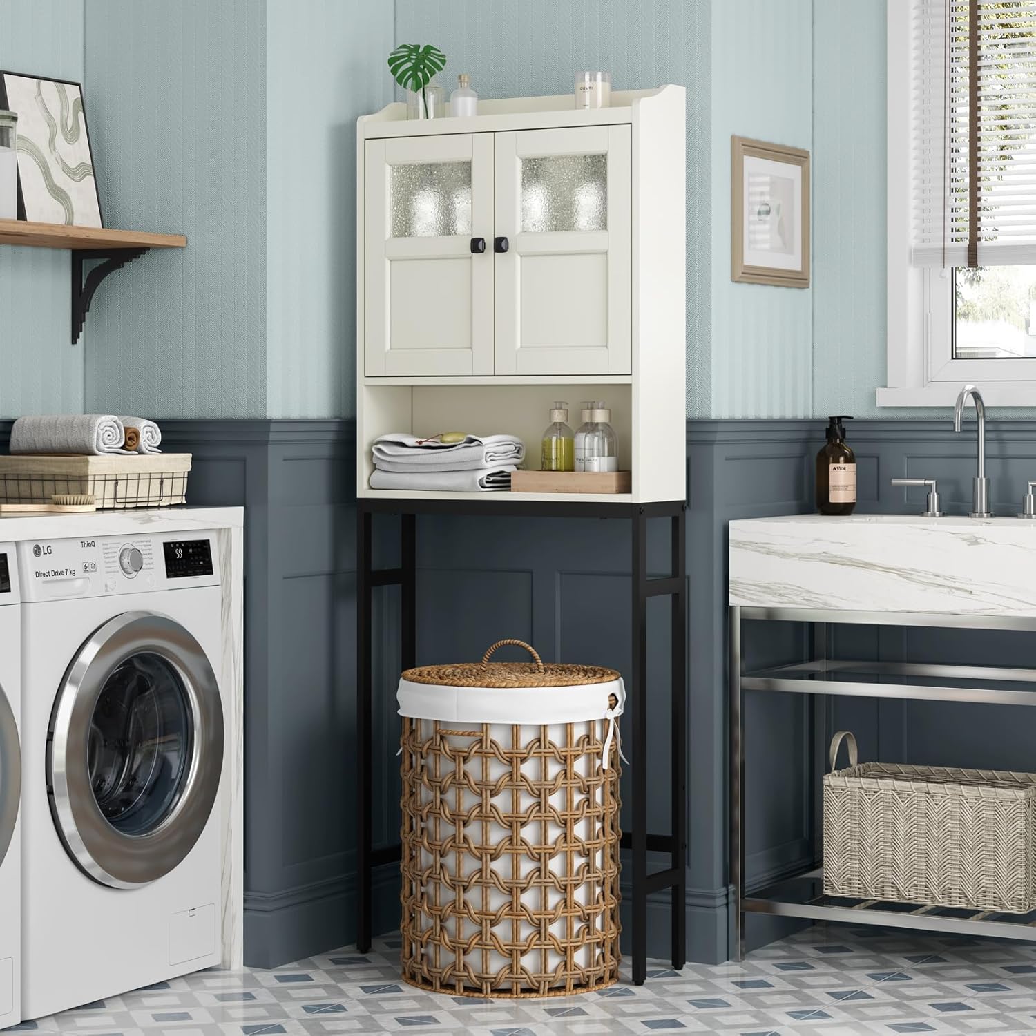 Over The Toilet Storage Cabinet, Above Toilet Bathroom Storage Cabinet with Double Doors and Soft Hinges Over Toilet Storage Shelf Over Toilet Bathroom Organizer (Cream White)