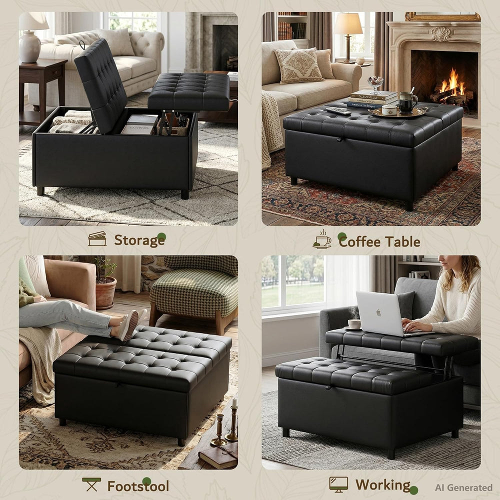 Black Leather 36 Inch Extra Large Lift Top Living Room Storage Ottoman | LINL...