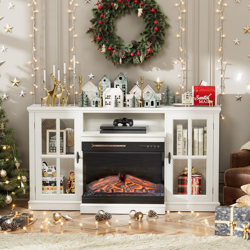 JUMMICO Fireplace TV Stand up to 65", 3-Sided Glass, Distressed White | ...