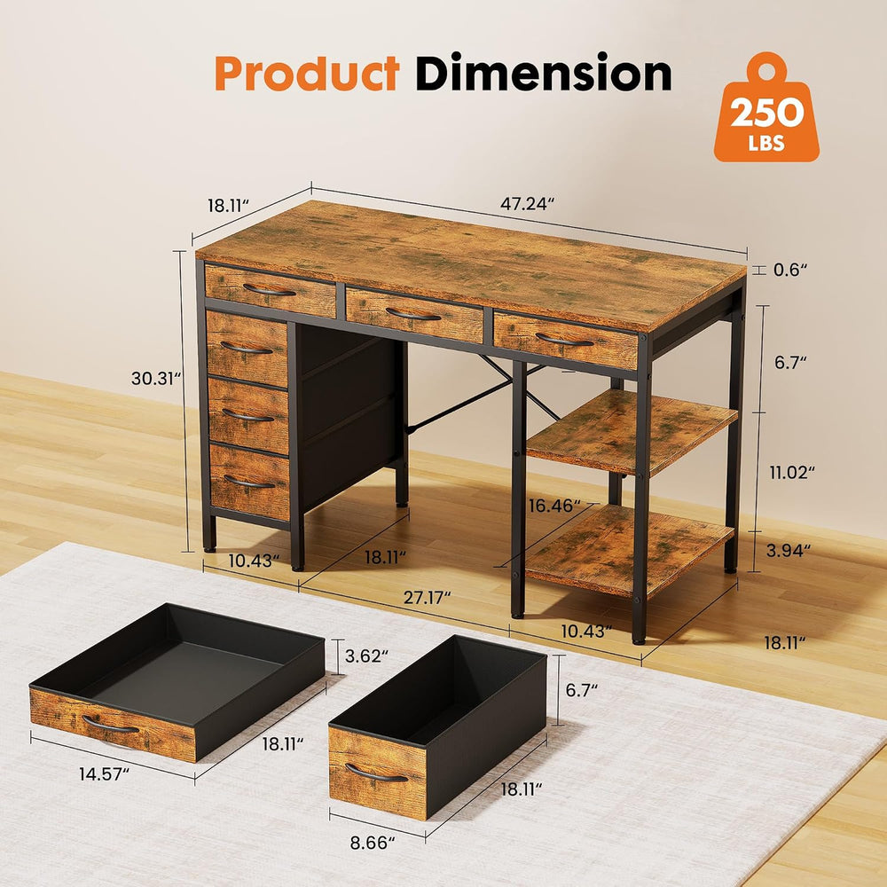 Sweetcrispy 47" Computer Desk with 6 Fabric Drawers & Storage Shelve...