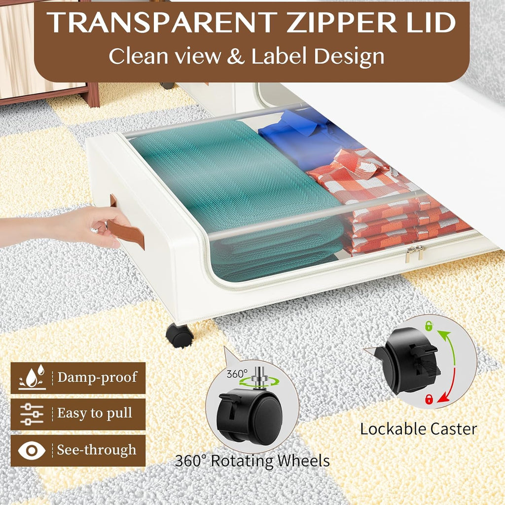 Under Bed Storage with Wheels, UnderBed Storage Containers with Clear Lid and Handles, Under the Bed Storage Bins Drawers for Clothes,Blankets,Shoes,Books (WHITE, 2 PACK)