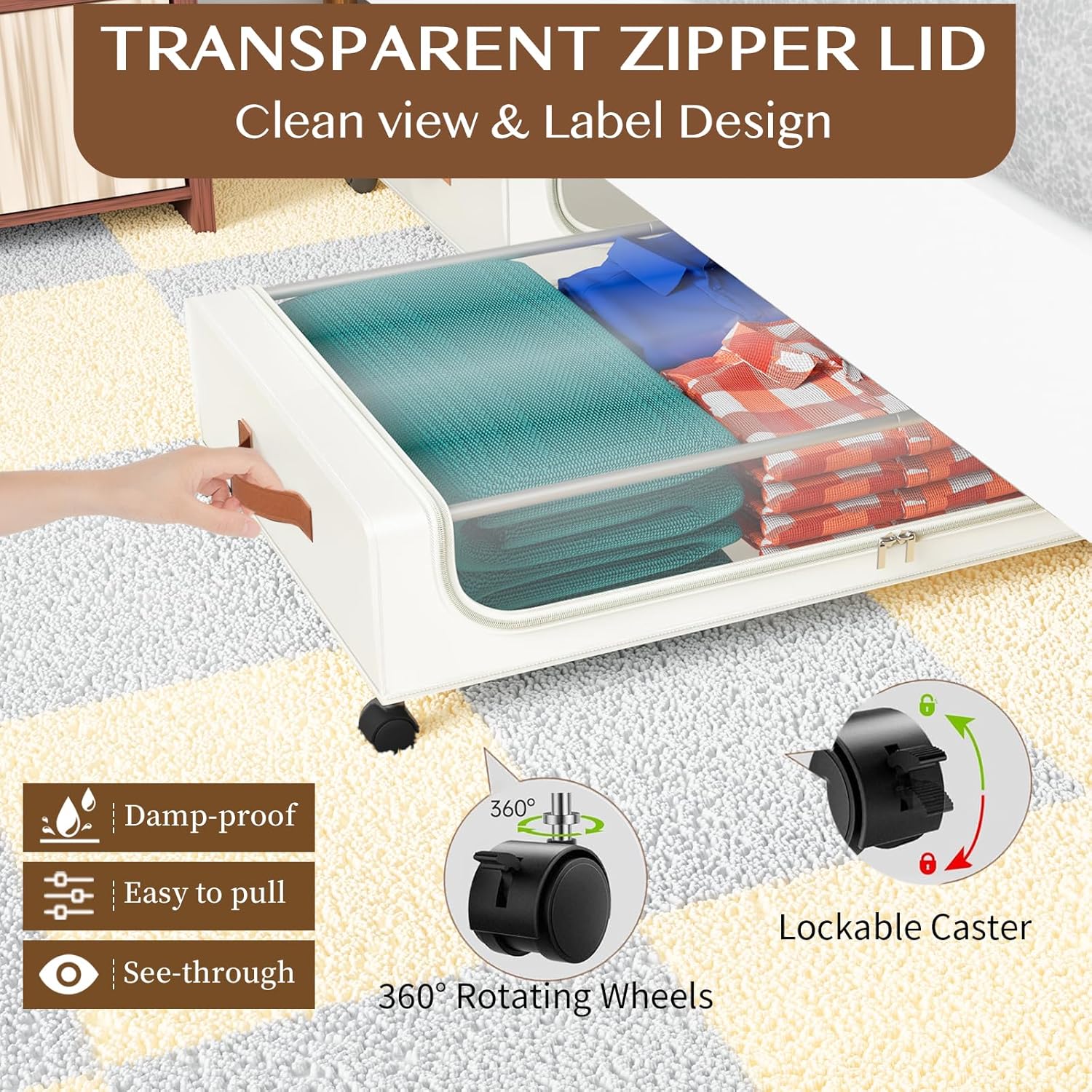 Under Bed Storage with Wheels, UnderBed Storage Containers with Clear Lid and Handles, Under the Bed Storage Bins Drawers for Clothes,Blankets,Shoes,Books (WHITE, 2 PACK)