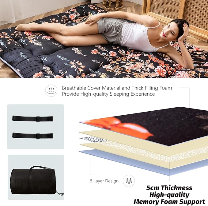 MAXYOYO Japanese Floor Mattress Futon Mattress, 4" Thicken Tatami Mat Sleeping Pad Foldable Roll Up Mat Boys Girls Dormitory Pad Kids Floor Lounger Pillow Bed, Charcoal Grey, Queen Size