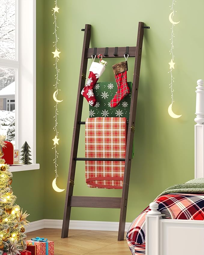 Blanket Ladder for Living Room, Decorative Quilt Rack with 4 Removable Hooks, 5-Tier Farmhouse Ladder Holder Shelf Organizer for Bedroom, Black Tea Brown and Black BR02120B