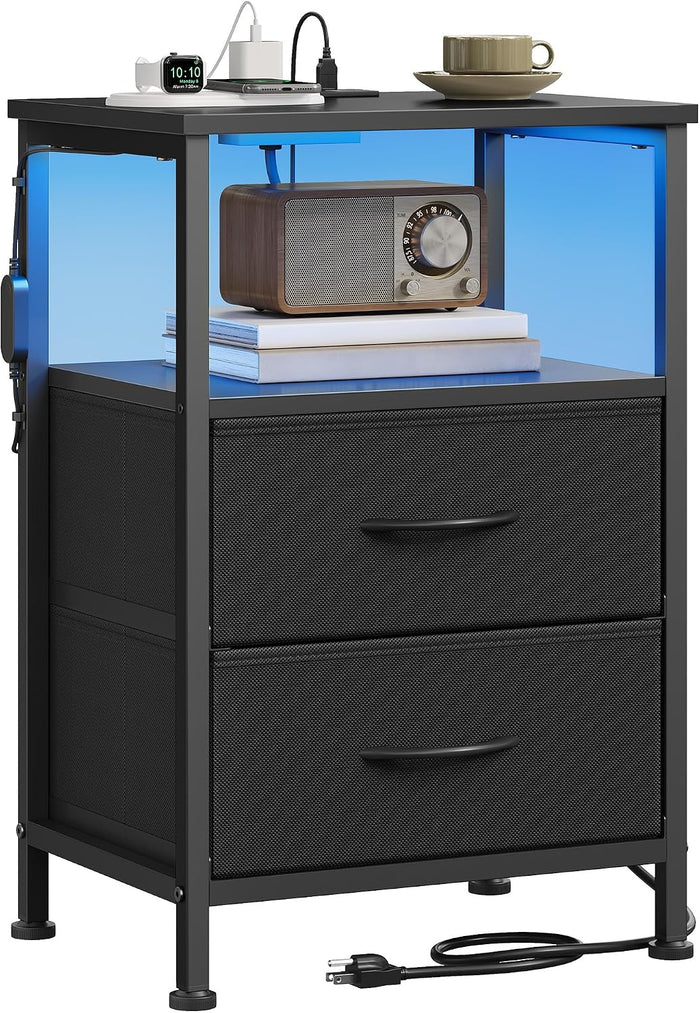 SONGMICS BELLAH Collection - Nightstand with Charging Station and App-Controlled Adjustable LED Lights, Bed Side Table, 2 Drawers and 1 Open Shelf, Modern, Ink Black and Ebony Black ULGS302BH01S