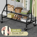 Clothes Rack with 2 Shelves, Heavy Duty Garment Rack Load 450 LBS, Standing Rolling Metal Hanging Clothes with Sturdy Wheels & Shelves