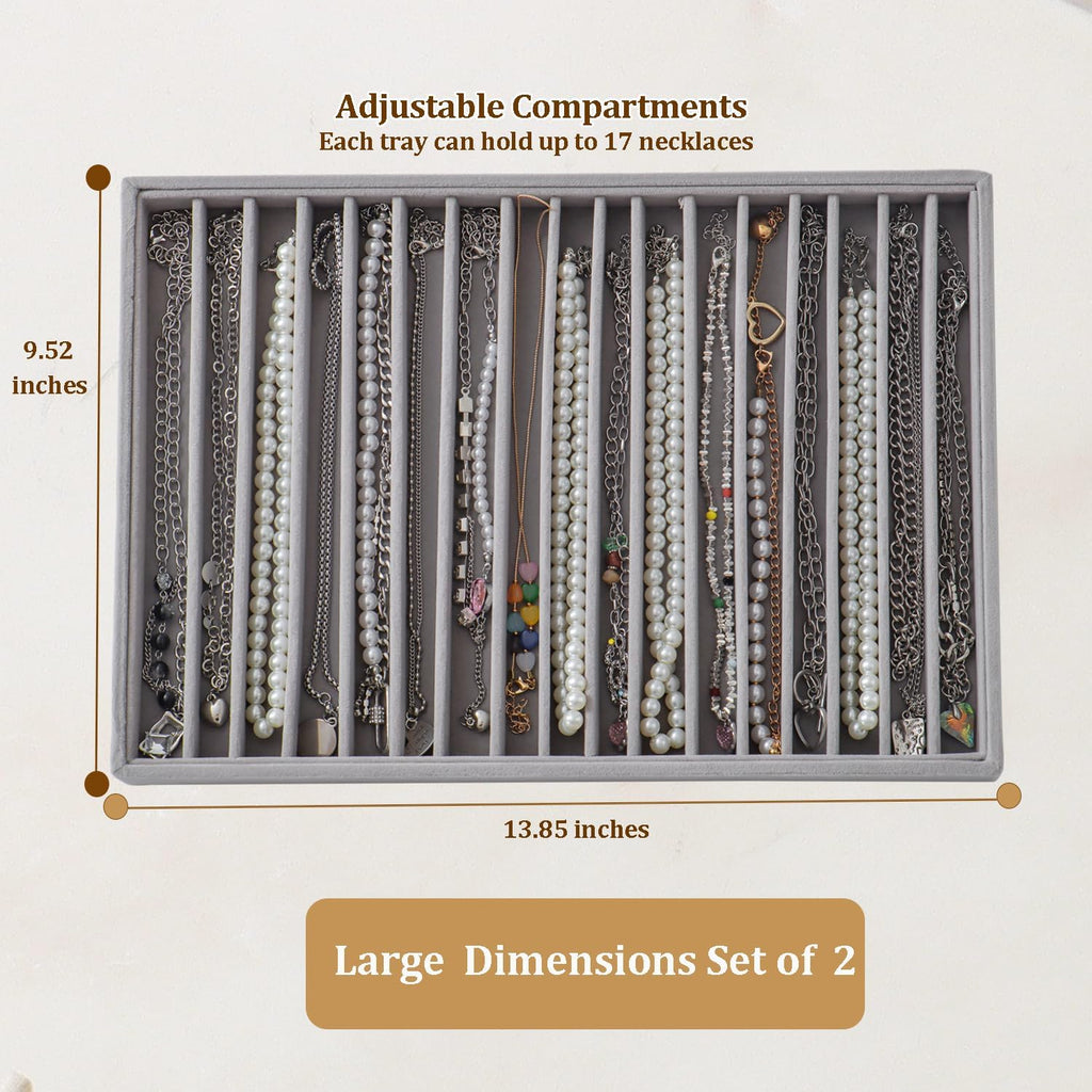 Large Velvet Jewelry Tray 2 Pack Stackable Jewelry Display Drawer Inserts Trays Organizer for Earring Bracelet Necklace Ring (Gray, 16 Grids)
