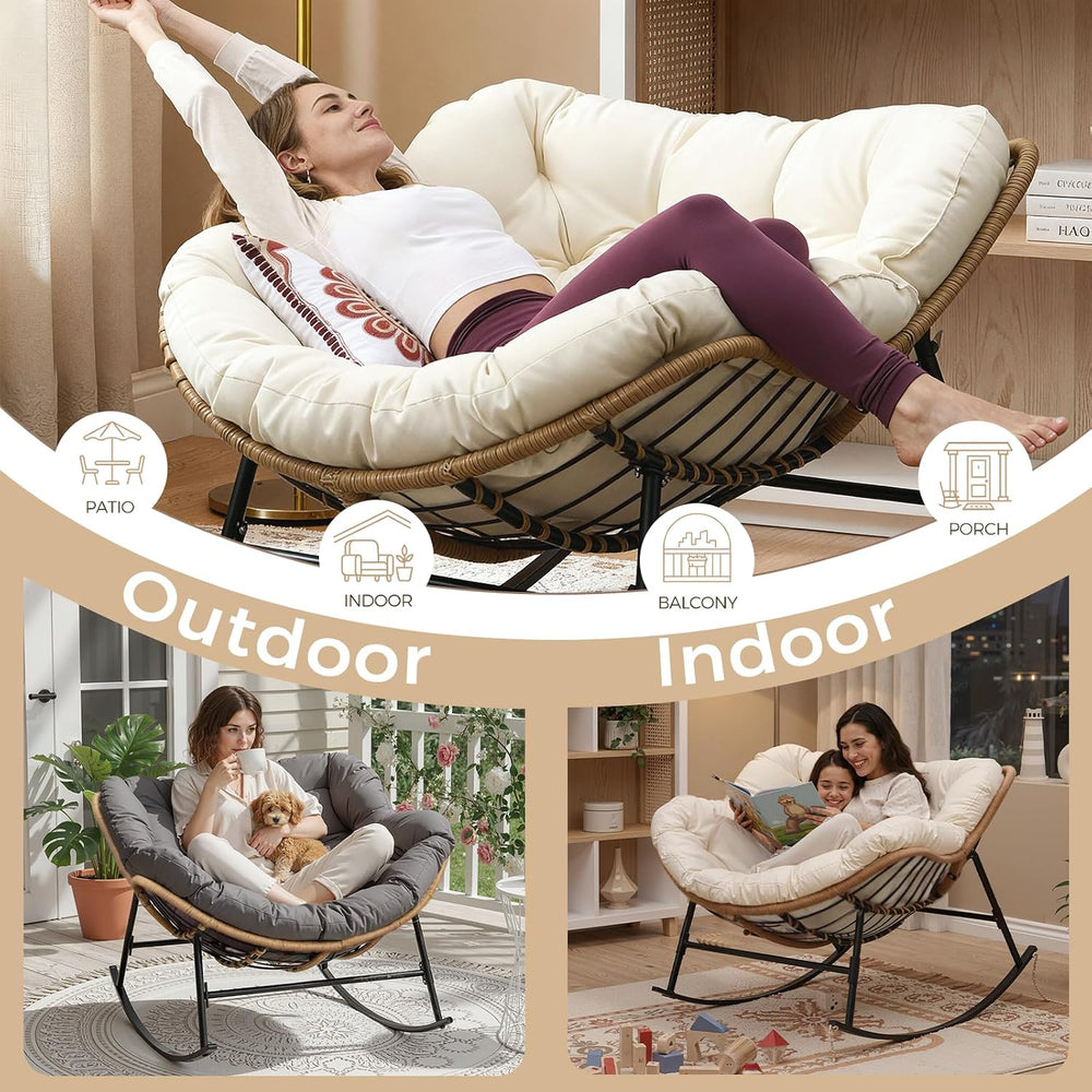 FINCATI Indoor Outdoor Papasan Rocking Chair, Large Rocking Lounge Chair
