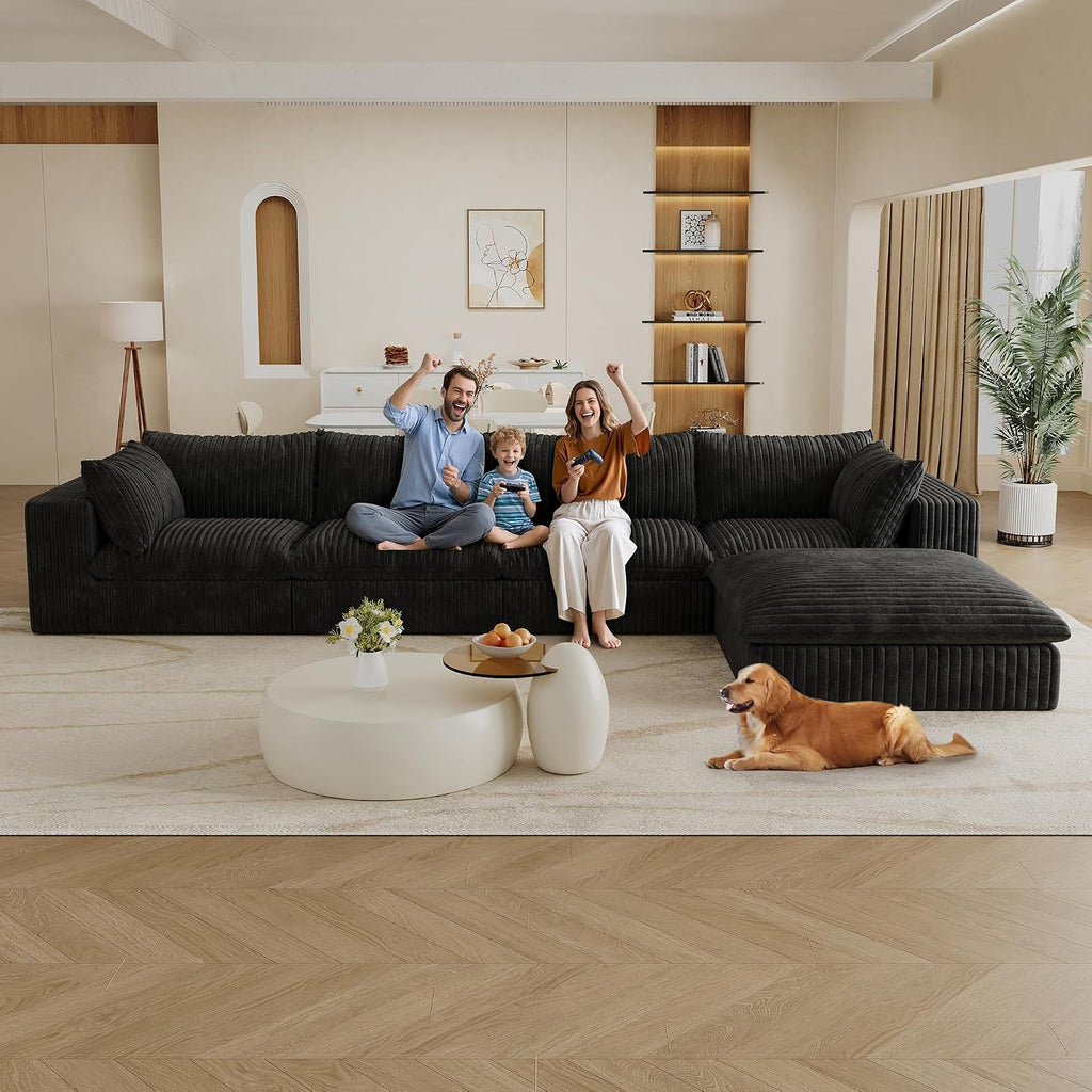157.6" Oversized L Shaped Modular Boneless Sofa with Ottoman, Cloud Sectional Couches for Living Room, Deep Seat Corduroy Upholstered Couch Furniture Set, No Assembly Required (4 Seater+1 Ottoman)