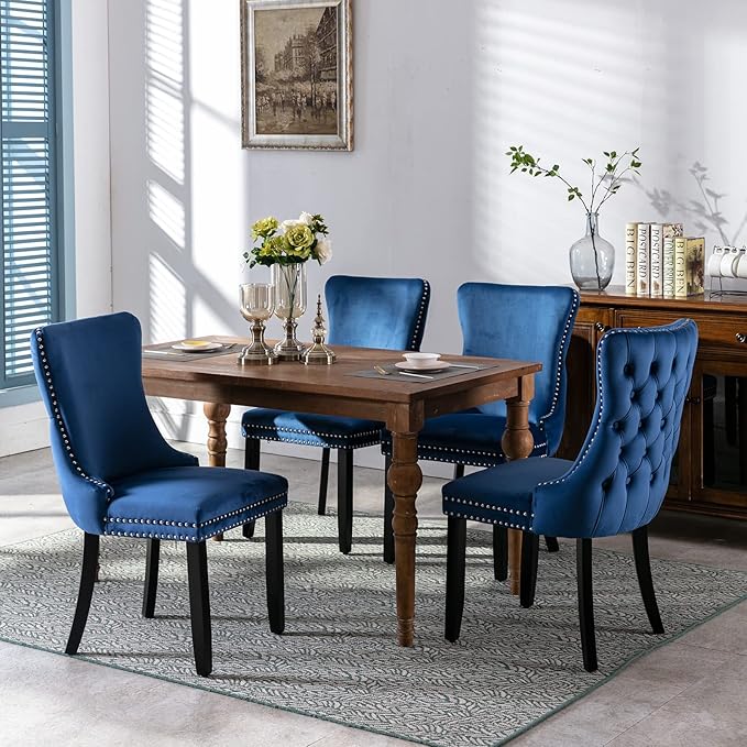 Modern Dining Chairs Set of 8, Upholstered Dining Chair with Full Back and Button Tufting, Blue Velvet Accent Chair, Sillas de Comedor, Kitchen & Dining Room Chairs (Blue, Velvet, 8Pcs)