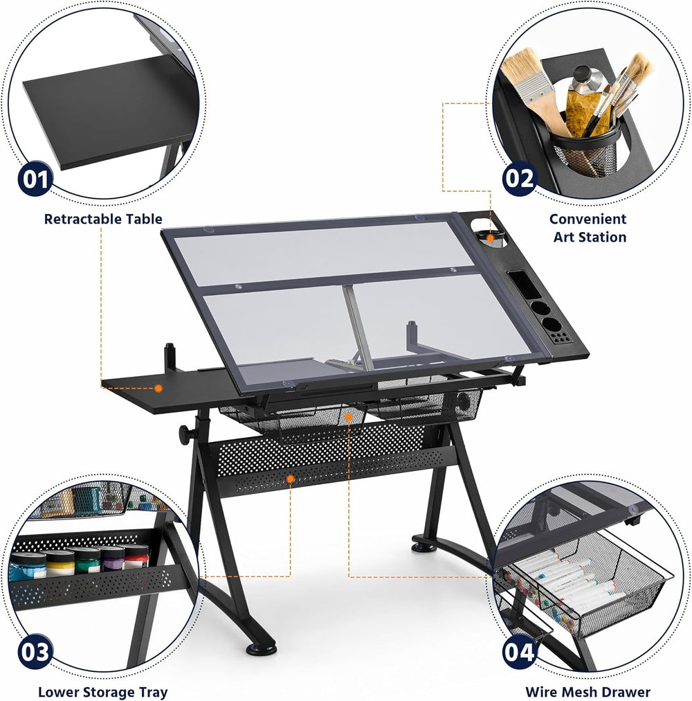 Topeakmart Height Adjustable Drafting Desk Artist Drawing Table Stool Set