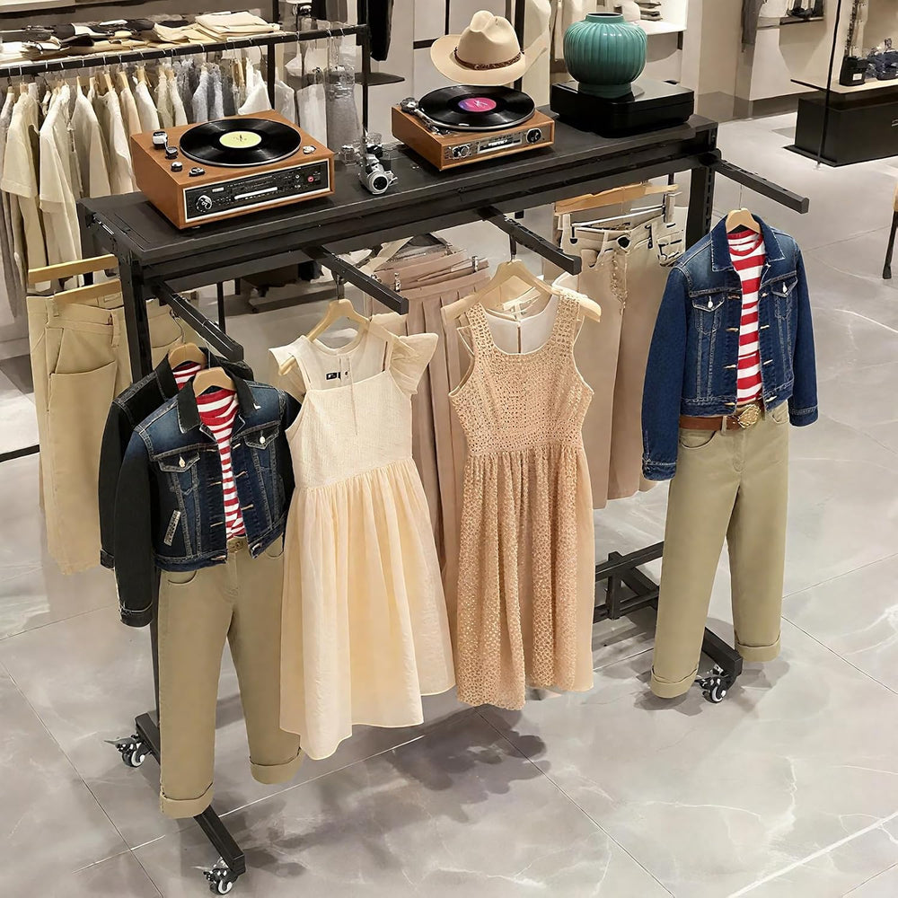 Retail Clothing Display Rack with Adjustable 8 Arms, on Wheels ＆ Top Shelf