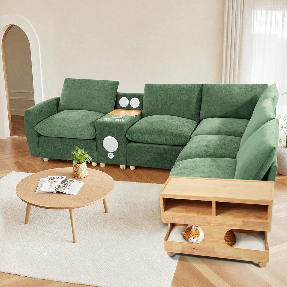 Brelice Sofa Armrest Side Table with Hidden Cat Bed and Storage, Chenille Cou...