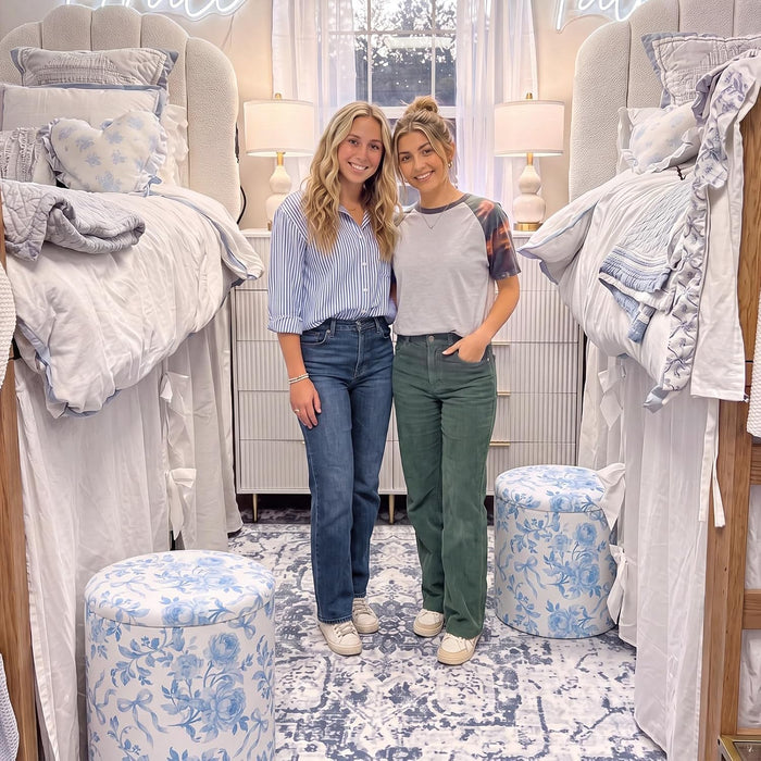 Geetery 2 Pcs Dorm Ottoman with Storage Blue Bow Floral Round Ottoman