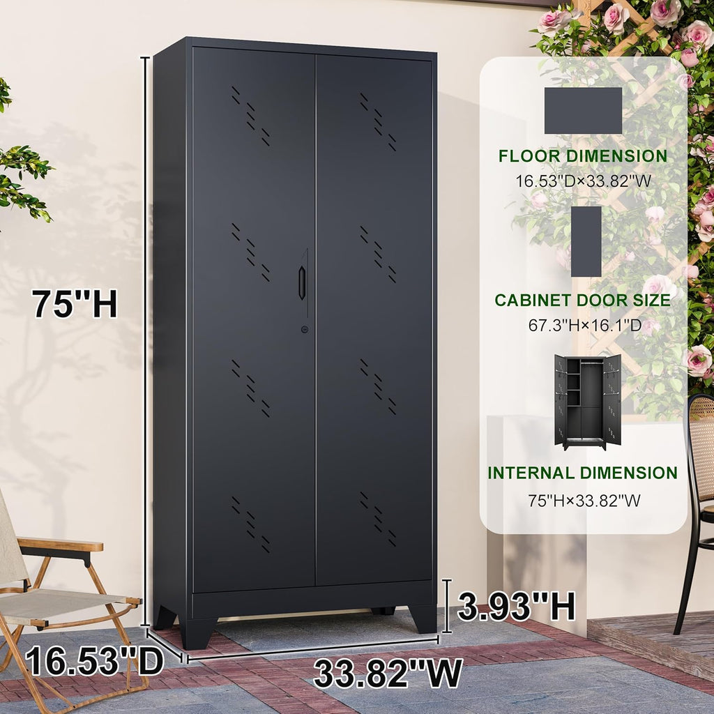 Garage Storage Cabinet 75" H,Tall Storage Shed with Lockable Doors and Stainless Steel Bottom, Black Tools Utility Chests for Office, Garage, Warehouses