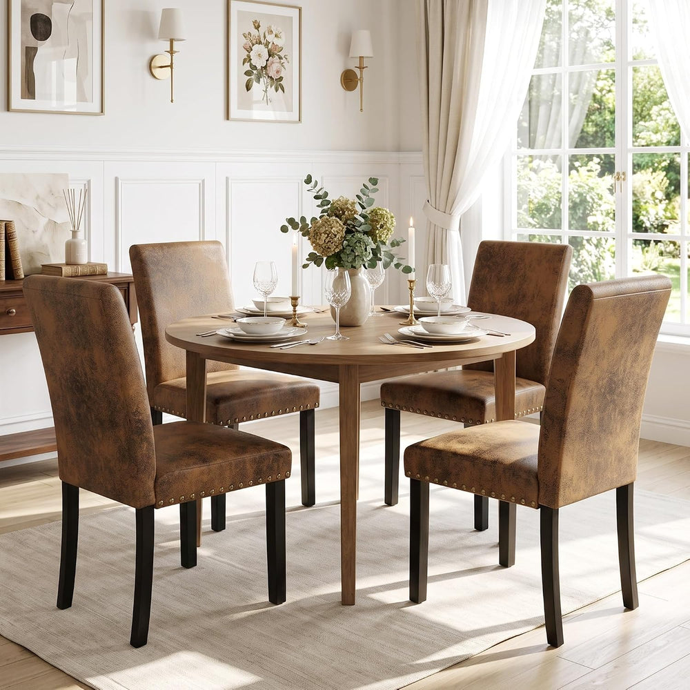 Dining Chairs Set of 4, Vintage Brown Kitchen Chairs with Nailhead Trim | Com...