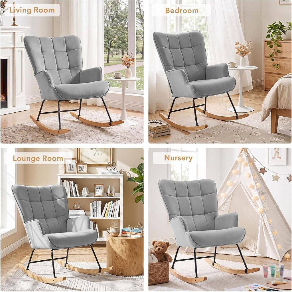 Furniliving Nursery Rocking Chair Modern Armchair Upholstered Glider Rocking Chair Nursery Chair Reading Chair with High Backrest Solid Wood Base for Bedroom, Living Room, Grey, Waterproof Velvet
