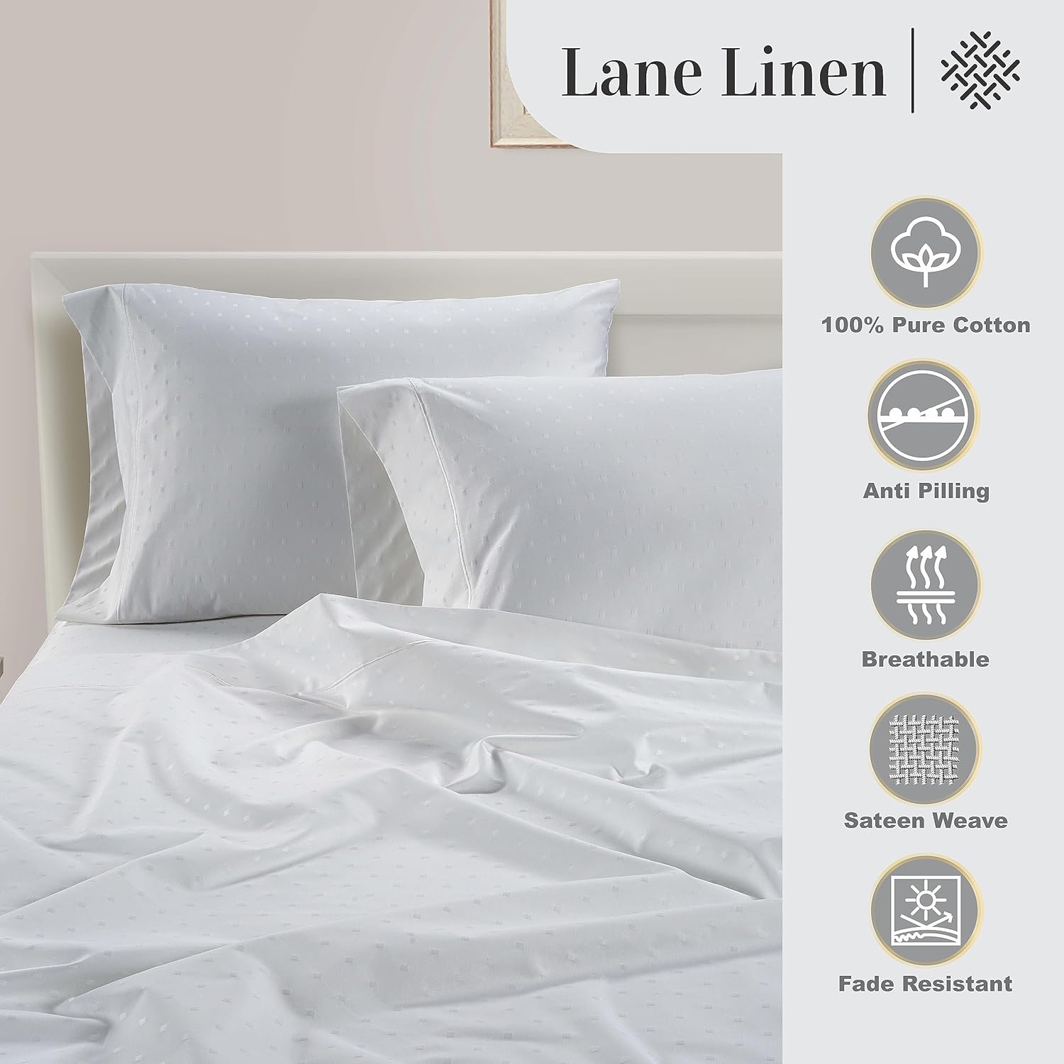 LANE LINEN Pillow Case Covers King, Set of 2, 100% Egyptian Cotton Sateen, Soft Cool & Smooth 1000 Thread Count Pillow Cases - Swiss Dot - White