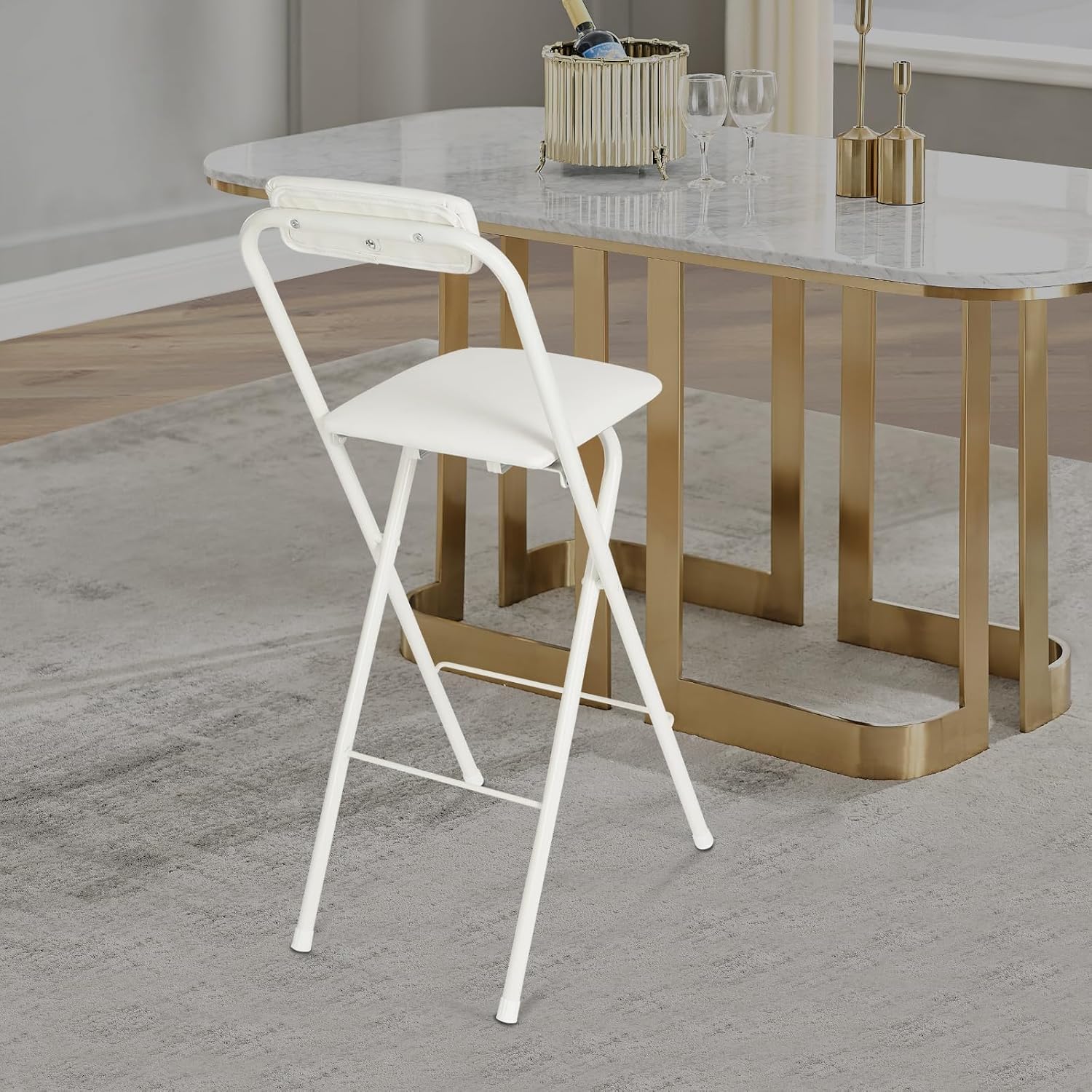 70cm Tall Adjustable Folding Bar Stool with Backrest - Portable Foldable Stool Chair for Kitchen, Outdoor & Commercial Use (1-Pack, Space Saving Design)‌ (White)