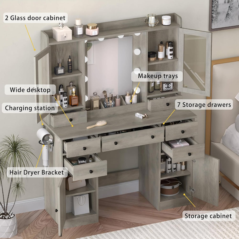 Wodeer Vanity Desk with Mirror and Lights, 43" Grey Makeup Vanity Set wi...