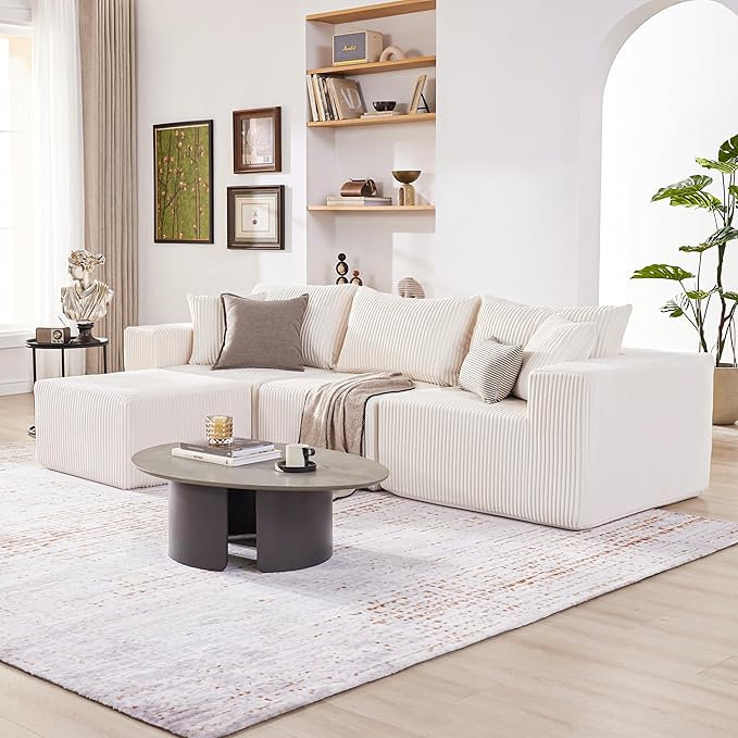 107.4" Cloud Couch Sectional, Modular Sofa with Deep Seat, Plush Corduroy L Shaped Boneless Couch, Convertible Sectional Couches for Living Room, 4Seat, Beige