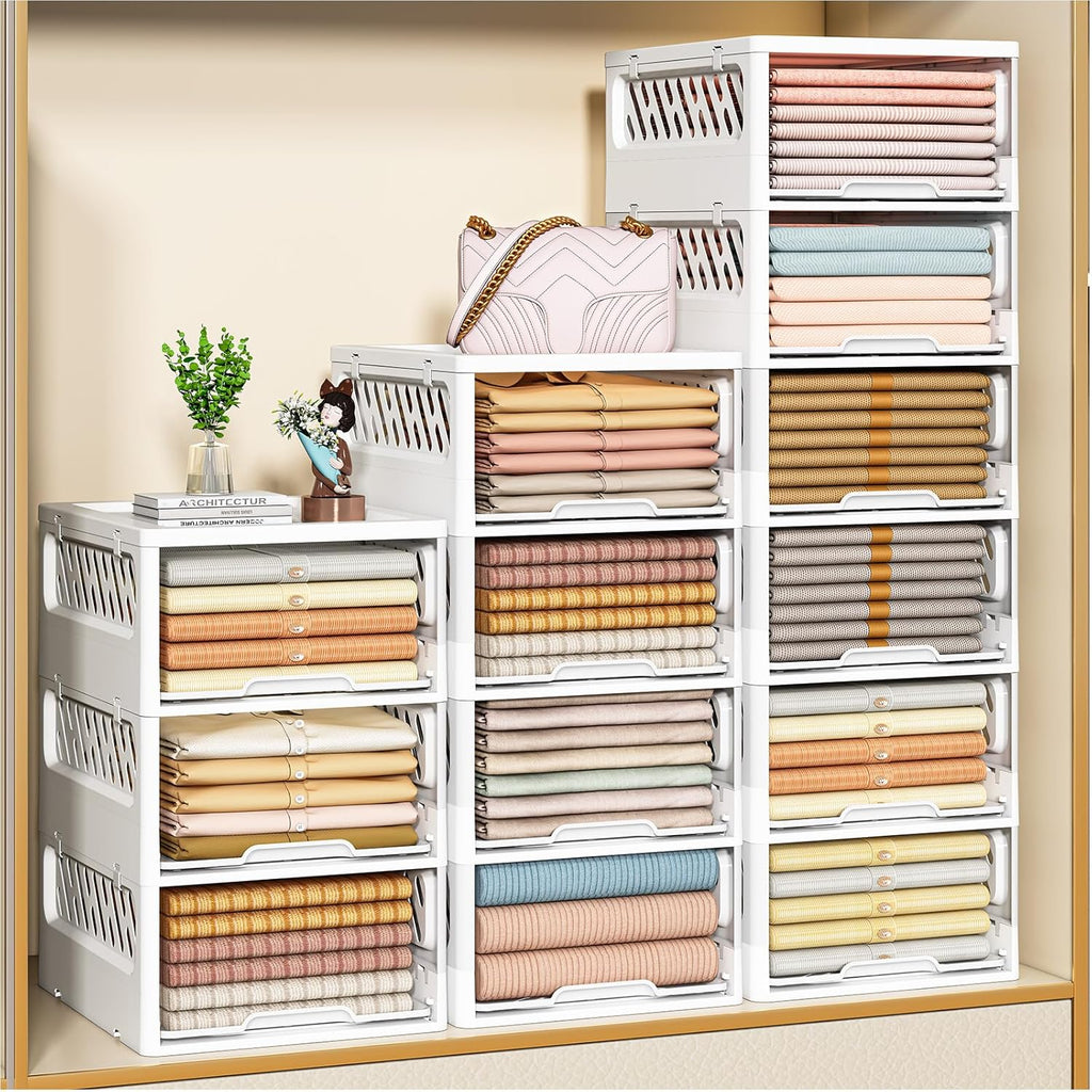 3 Pack Stackable Closet Storage Basket - Stackable Storage Bins, Multifunctional & Foldable Closet Organizer Divided, Wardrobe Cupboard Space-Saving Clothes Storage Hat Organizer, White