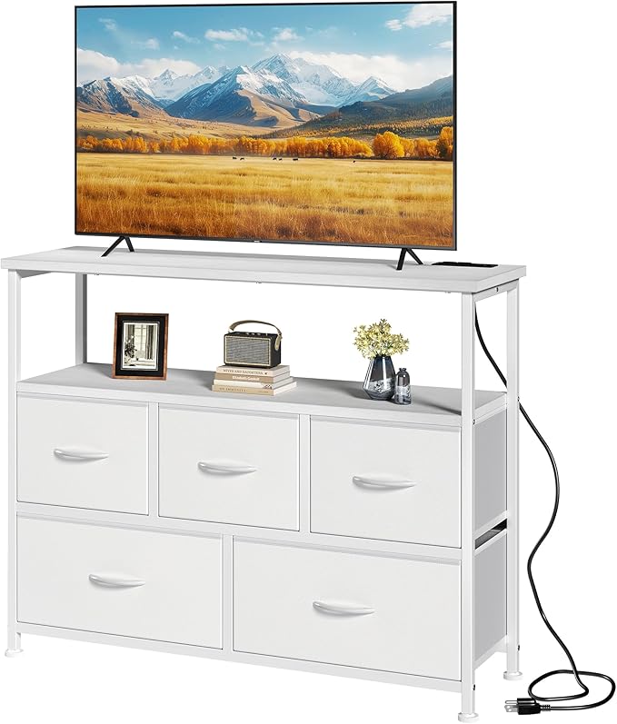 DUMOS TV Stand, Dresser with 5 Fabric Storage Drawers, Media Console Featuring Open Shelf, Fabric Storage Cabinet with Charging Station, Compact Entertainment Unit for Bedroom, Living Room, White