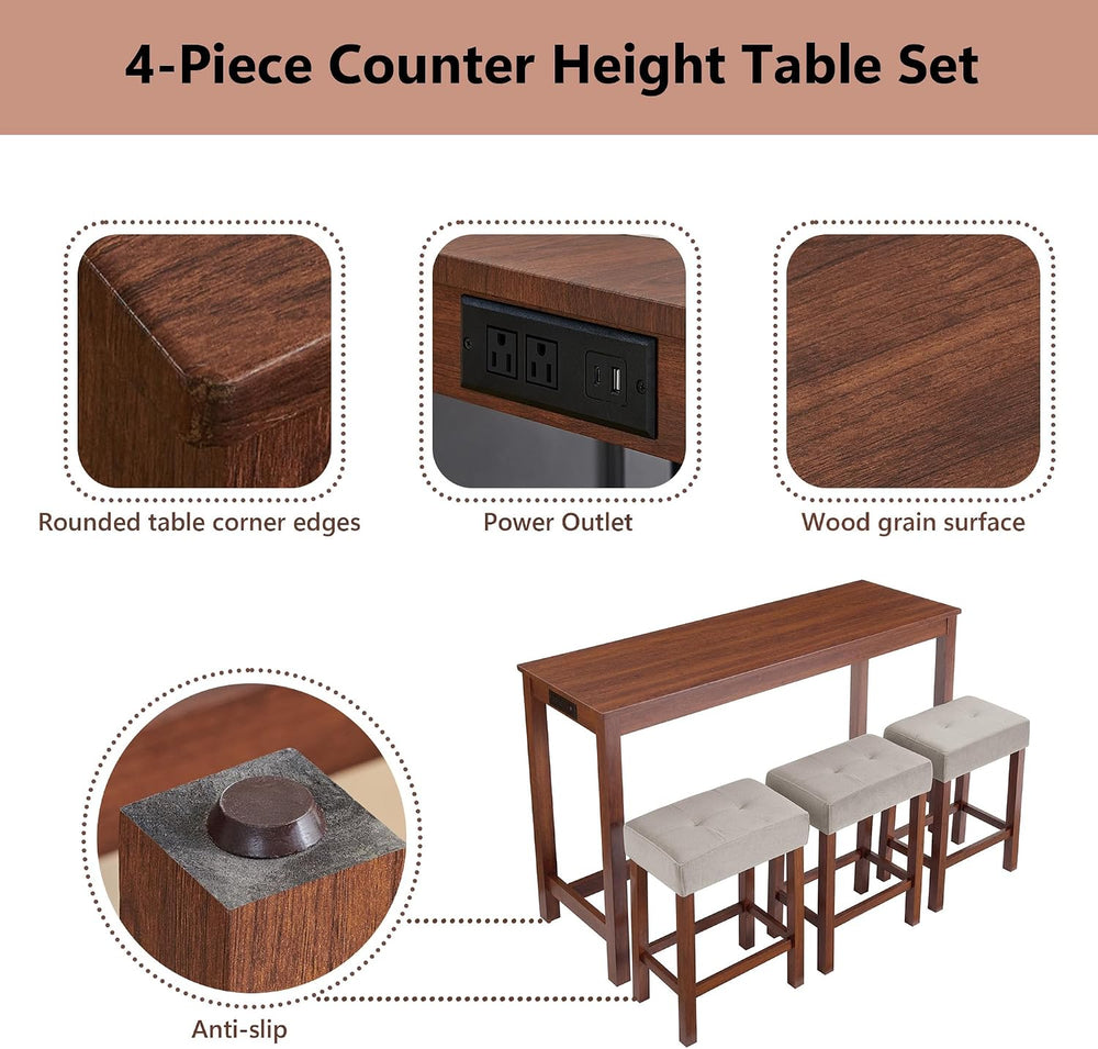 Merax 59 Inch Industrial Bar Table Set with Power Outlet & 3 Stools, Kitc...