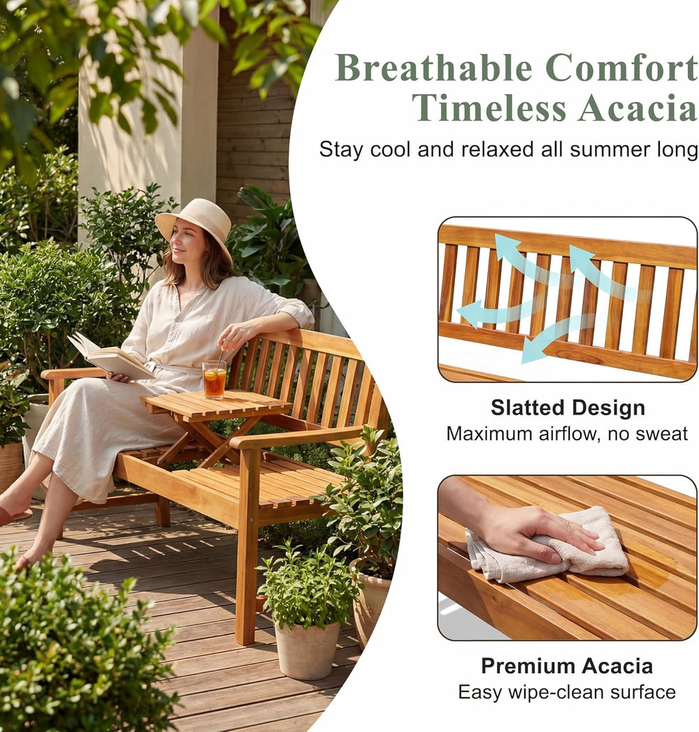 Devoko Acacia Wood Outdoor Bench, 2-Person Garden Bench with Pull-Out Table
