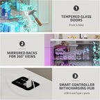 RGB Glass Display Cabinet - with Human Body Sensor, High Gloss Sideboard with Lock & Glass Shelves for Toys, Books, Collectibles, Liquor, Bookcase for Living Room, Kitchen, Study, White