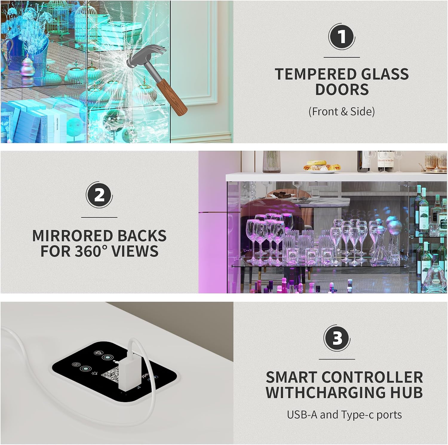 RGB Glass Display Cabinet - with Human Body Sensor, High Gloss Sideboard with Lock & Glass Shelves for Toys, Books, Collectibles, Liquor, Bookcase for Living Room, Kitchen, Study, White