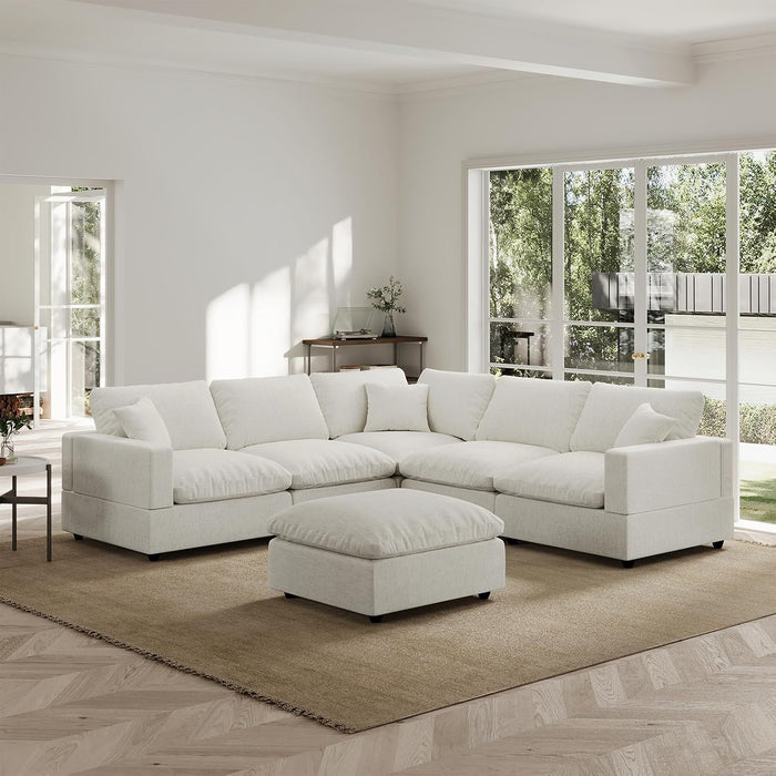 Modern Sectional Linen Couch for Living Room V-Shape Sofas,6 Seat Modular Cloud Sofas with Ottoman,Couches Cushion Covers Removable,Cozy Feather Down Sofa for Apartment Cream White