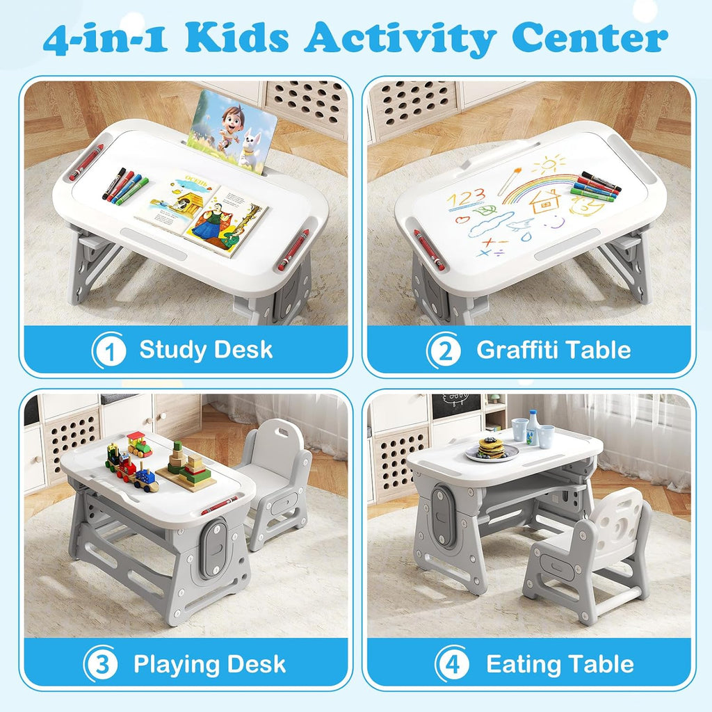 Costzon Kids Table and Chair Set, Height Adjustable Art Desk Set w/Whiteboard, Tilting Top, Storage Space, Tablet Holder & Markers, 4-in-1 Toddler Activity Furniture for Home Classroom Daycare (Gray)