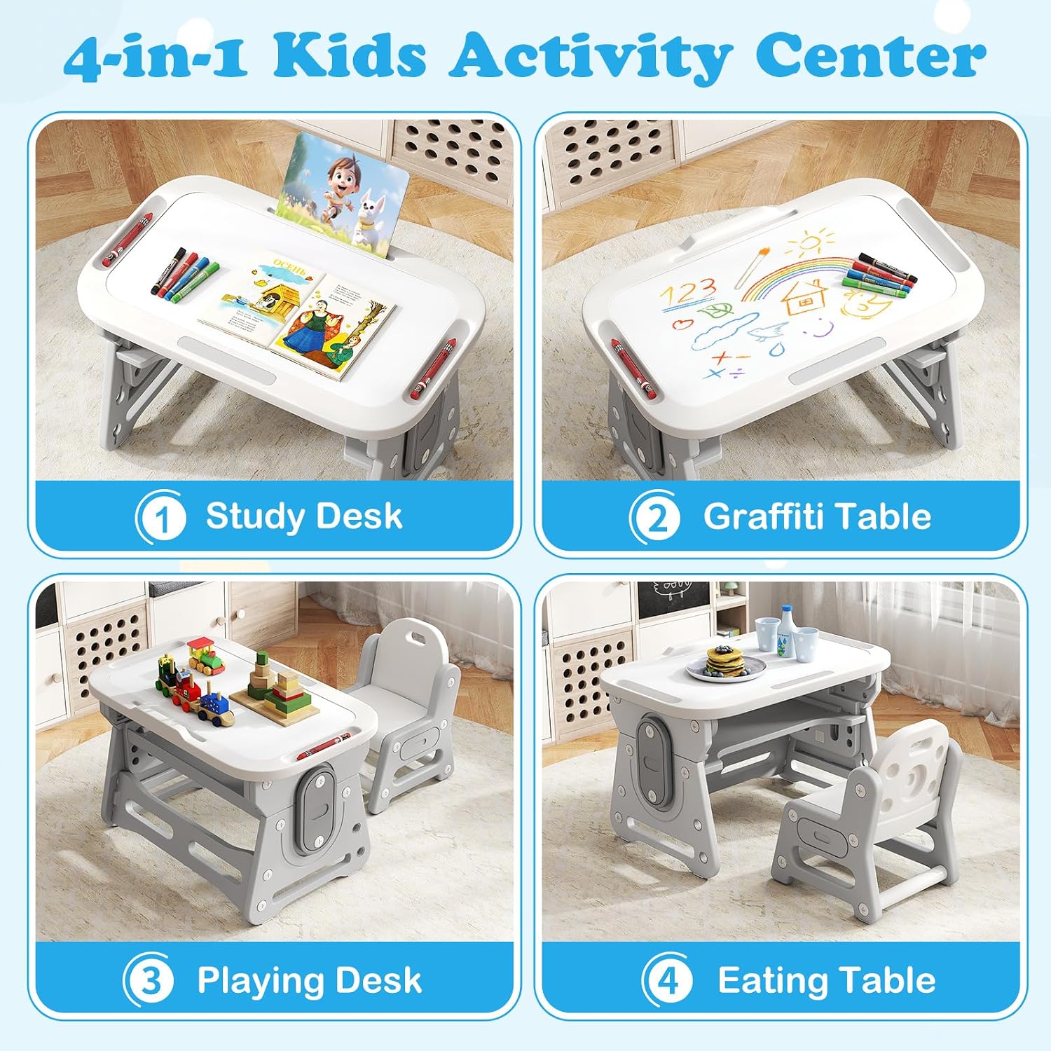 Costzon Kids Table and Chair Set, Height Adjustable Art Desk Set w/Whiteboard, Tilting Top, Storage Space, Tablet Holder & Markers, 4-in-1 Toddler Activity Furniture for Home Classroom Daycare (Gray)