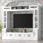 Merax 98.4" W Wall Unit Entertainment Center with Bookshelves for TVs up to 80", Modern TV Stand Media Console with Cabinets, Tempered Glass Doors and Adjustable Shelves for Living Room, White