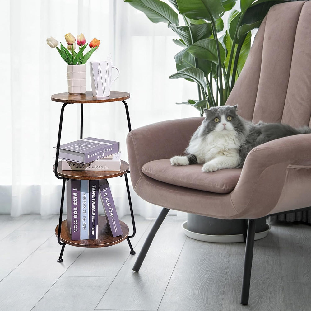 Small Round Side Table - 3 Tier End Table with Storage Shelf, Slim Industrial...