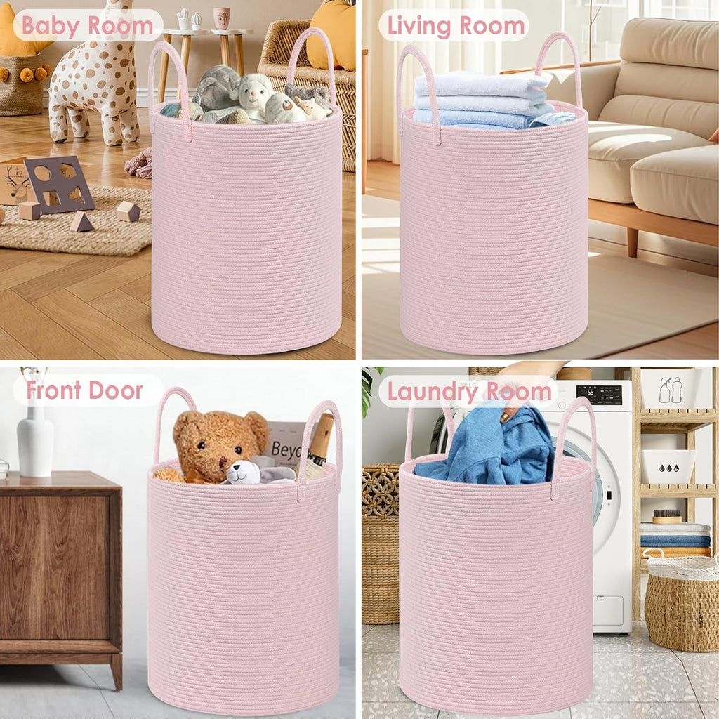 Cotton Rope Storage Basket with Handles, Large 60L Collapsible Laundry Hamper for Clothes, Sturdy Nursery Organizer Blanket Basket for Living Room,Toy Bin for Kids Bed Room,15"x15"x18",Pink