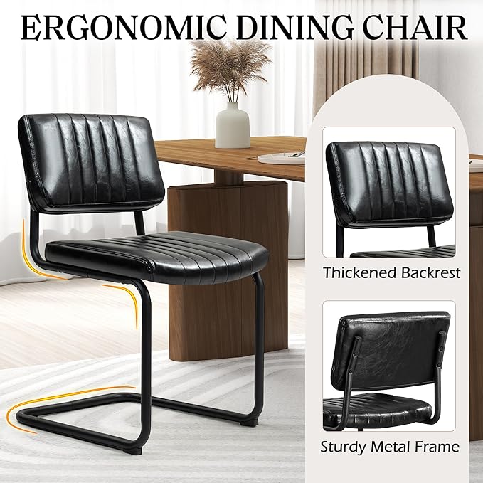 Cantilever Dining Chairs Set of 2, Mid Century Modern Dining Chairs with Black Metal Legs, Upholstered Leather Kitchen Chairs, Armless Cantilever Chair for Kitchen & Living Room, Black