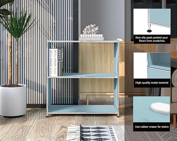32-Inch 2-Tier Metal Bookcase, Open Shelf Storage Organizer for Living Room, Bedroom, Side Table or Nightstand Use, Modern DIY Assembly, Blue