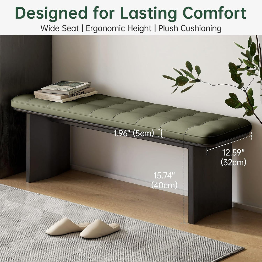 47.2'' Leather Upholstered Dining Bench with Legs & Green Cushion...