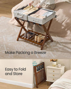 SONGMICS Solid Wood Luggage Rack, No Assembly Required, Foldable Suitcase Stand, Luggage Holder, with Storage Shelf, for Guest Room, Hotel, Bedroom, Coffee Brown URLR020K02