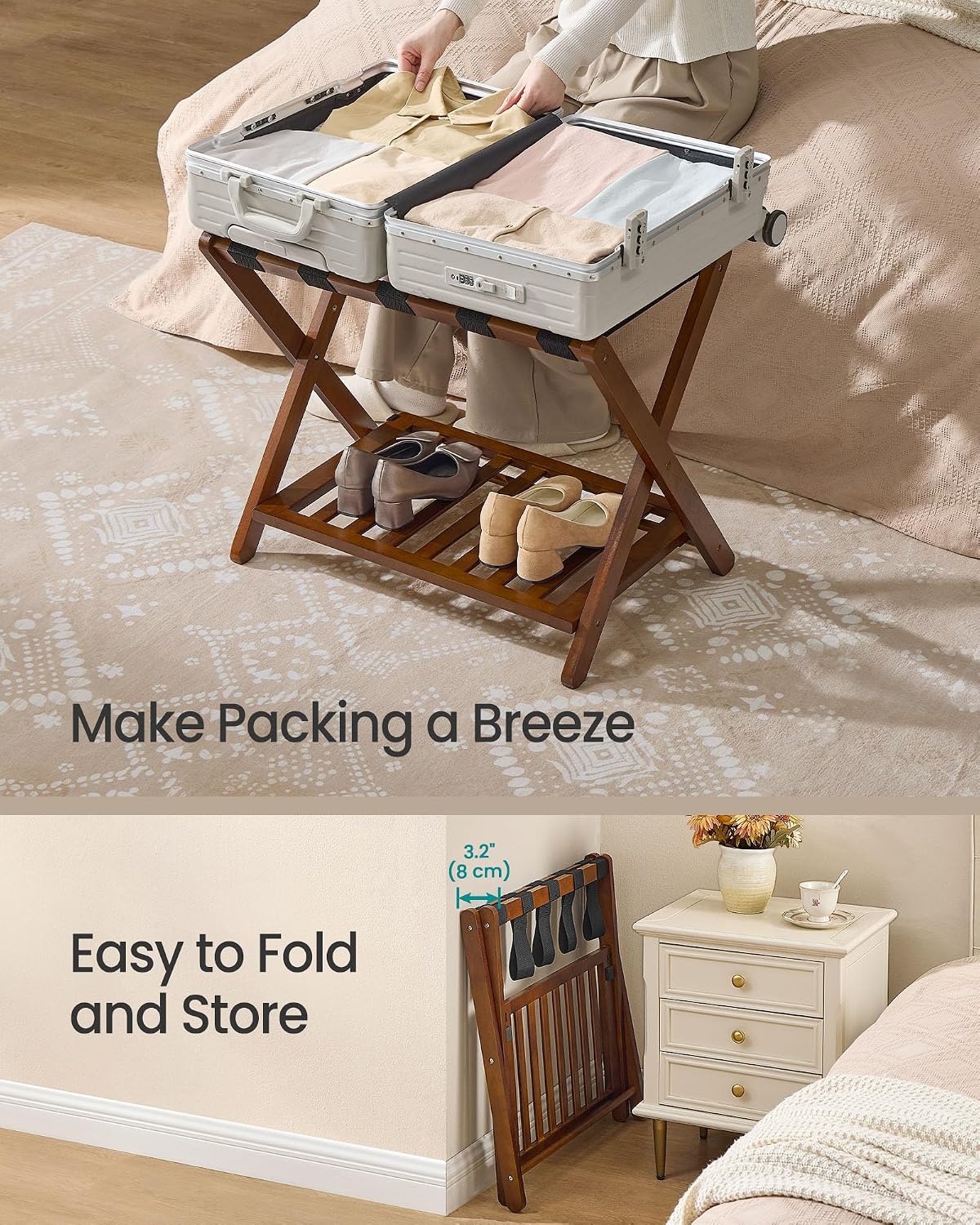 SONGMICS Solid Wood Luggage Rack, No Assembly Required, Foldable Suitcase Stand, Luggage Holder, with Storage Shelf, for Guest Room, Hotel, Bedroom, Coffee Brown URLR020K02